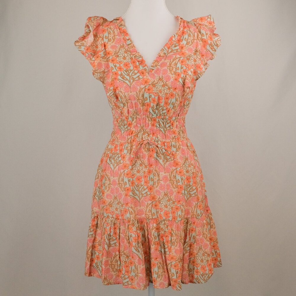 Paige Muriel Floral Print Ruffle Mini Dress, Orange/Pink Floral, Size US 0